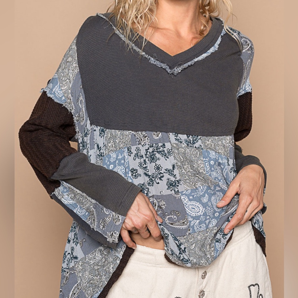 POL Soft Swingy V neck Boho Overlay Top